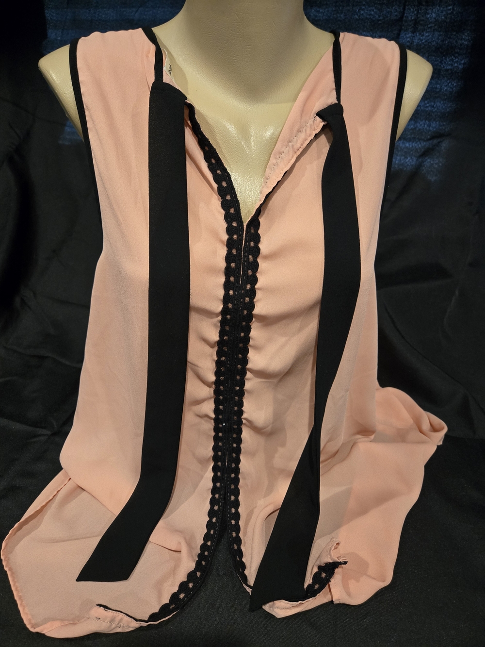 Faith and Joy Peach and Black Sleeveless Blouse with Tie Front